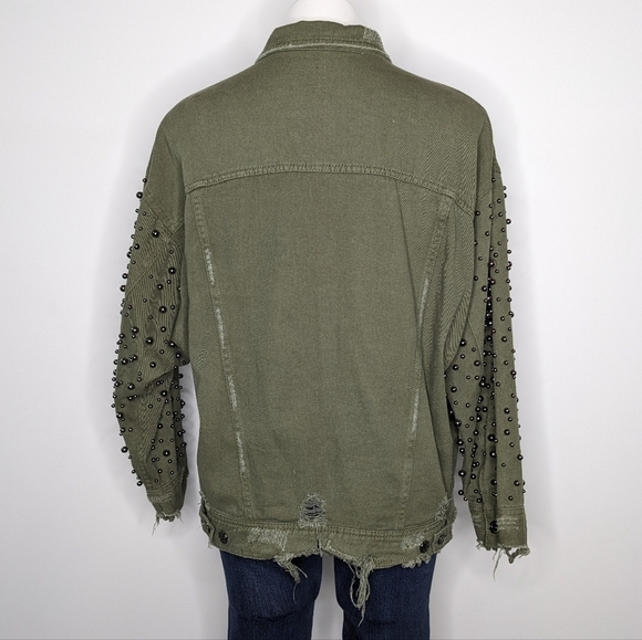 Sunset + Spring green denim grey bead boho oversized jean jacket L - Picture 5 of 5